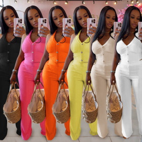 Casual neck tie top and pants two-piece set C7461