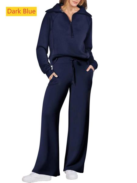 Sports zipper long sleeved sweatshirt wide leg pants two-piece set