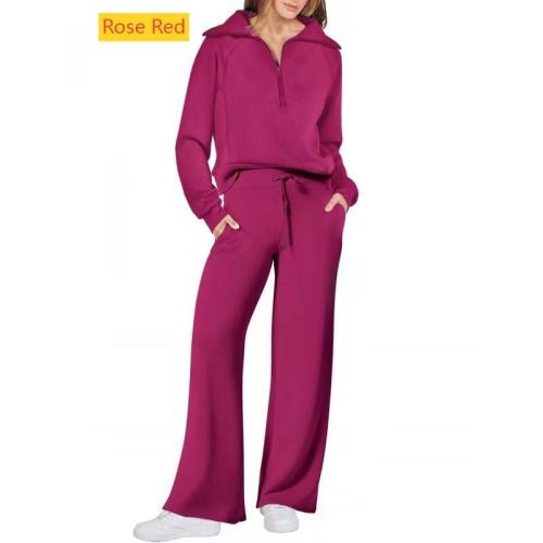 Sports zipper long sleeved sweatshirt wide leg pants two-piece set