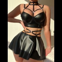 Neck-hanging leather bra and short skirt sexy lingerie set Neck-hanging leather bra and short skirt sexy lingerie set