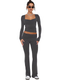 Low collar long sleeved low waisted flared pants two-piece set