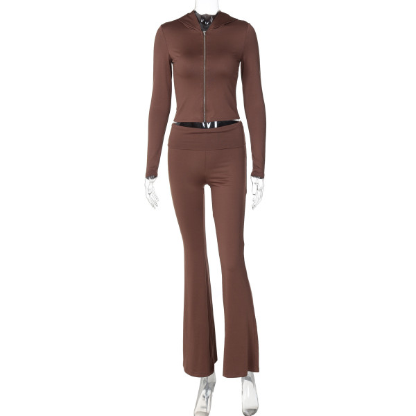 Zipper long sleeved hooded top, flared pants set