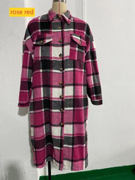Large size long split woolen plaid trench coat jacket