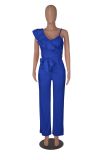 Lotus leaf edge single shoulder sleeveless waist cinched deep V loose solid color jumpsuit