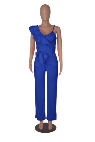 Lotus leaf edge single shoulder sleeveless waist cinched deep V loose solid color jumpsuit