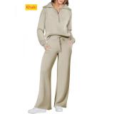 Sports zipper long sleeved sweatshirt wide leg pants two-piece set