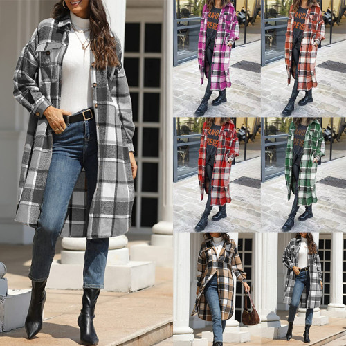 Large size long split woolen plaid trench coat jacket
