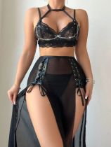 Four-piece lingerie set featuring a halter lace-up slit mesh skirt Four-piece lingerie set featuring a halter lace-up slit mesh skirt