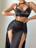 Four-piece lingerie set featuring a halter lace-up slit mesh skirt