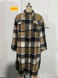 Large size long split woolen plaid trench coat jacket