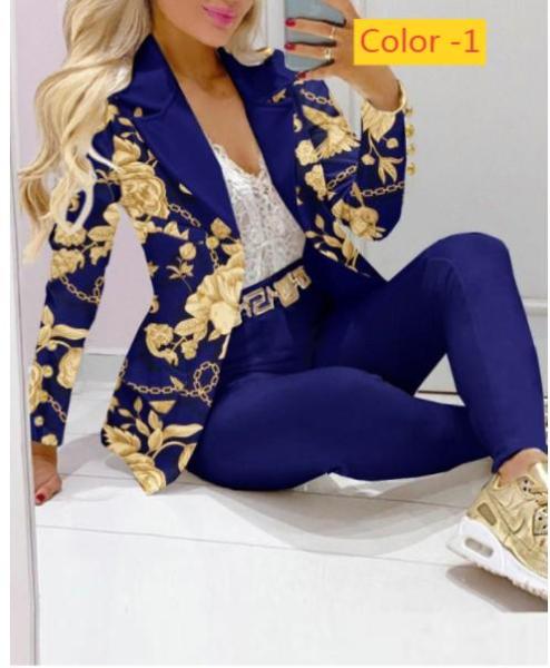 Printed long sleeved small suit+two-piece pants set