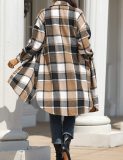 Large size long split woolen plaid trench coat jacket