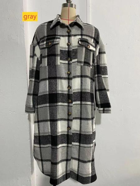 Large size long split woolen plaid trench coat jacket