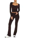 Low collar long sleeved low waisted flared pants two-piece set