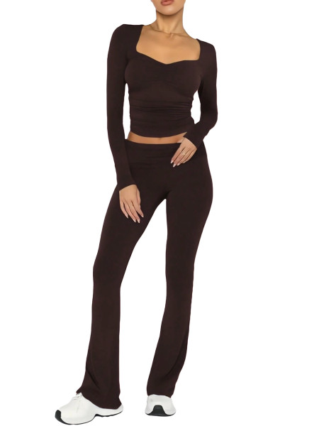 Low collar long sleeved low waisted flared pants two-piece set