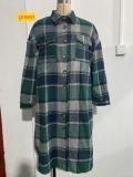 Large size long split woolen plaid trench coat jacket