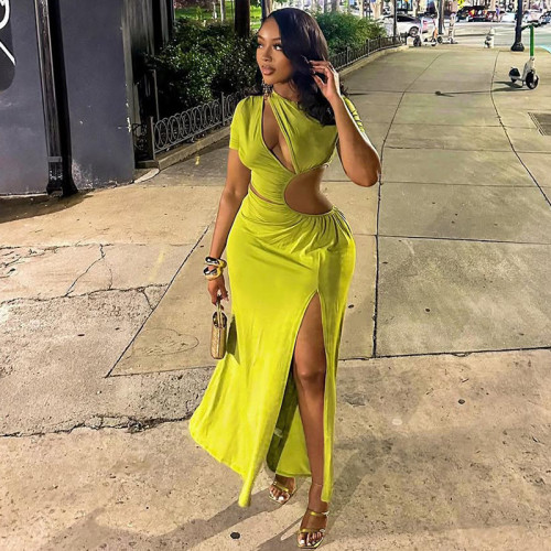 Hollow-out slit irregular skirt round neck pure color pleated dress