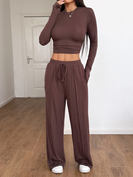 Sports high stretch long sleeved wide leg pants set
