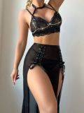 Four-piece lingerie set featuring a halter lace-up slit mesh skirt