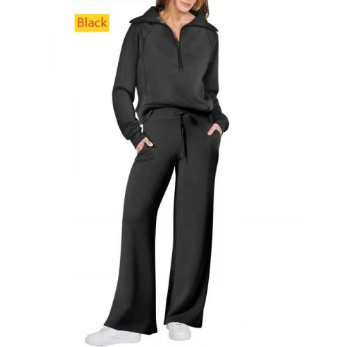 Sports zipper long sleeved sweatshirt wide leg pants two-piece set