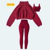Plush hoodie yoga suit workout three piece set