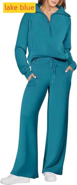 Sports zipper long sleeved sweatshirt wide leg pants two-piece set