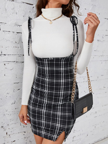 Hip hugging lace up plaid dress