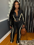 Striped patchwork contrasting zipper lapel top, wide leg pants two-piece set