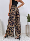 Leopard print elastic waist loose wide leg pants