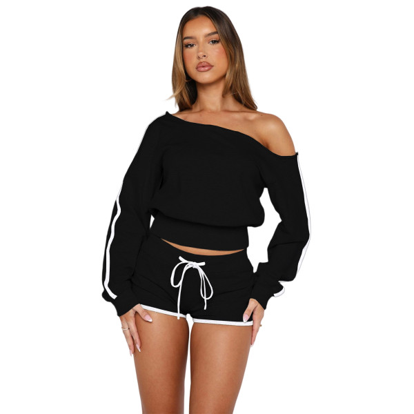 Two piece set of slanted shoulder and one shoulder strap pants