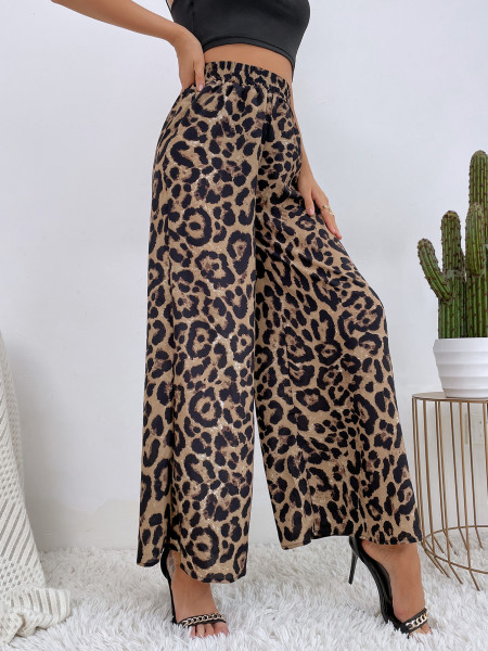 Leopard print elastic waist loose wide leg pants