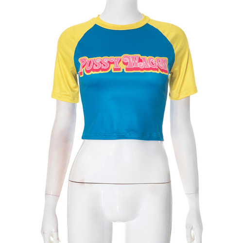 Letter print contrasting round neck pullover short crop top T-shirt with exposed navel