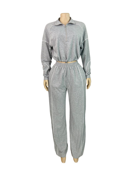 Waist striped half open hoodie straight leg sports pants two-piece set