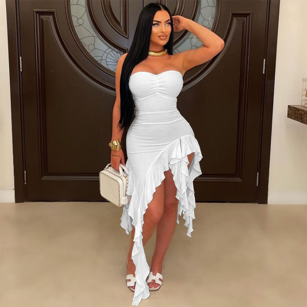 Flat chested irregular solid color ruffled dress