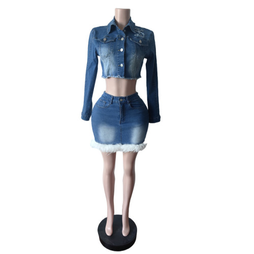 Elastic denim long sleeved skirt set
