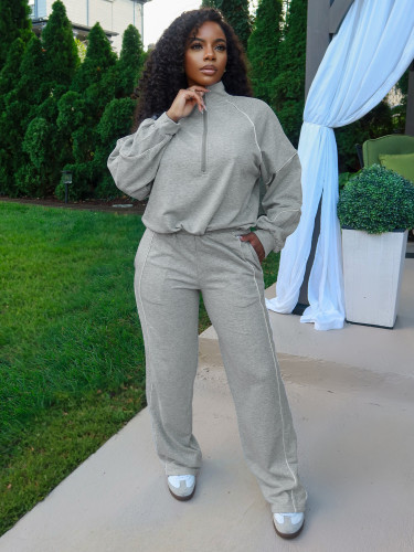 Waist striped half open hoodie straight leg sports pants two-piece set