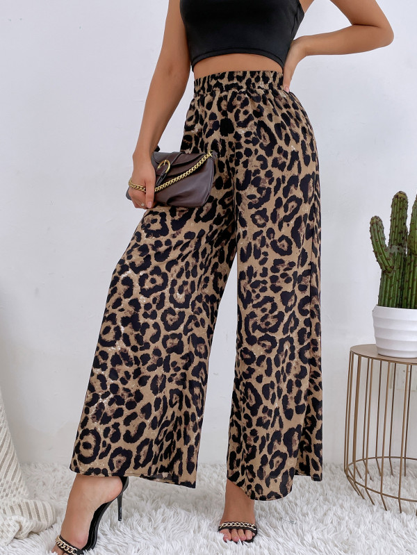 Leopard print elastic waist loose wide leg pants