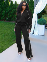 Waist striped half open hoodie straight leg sports pants two-piece set