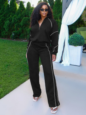 Waist striped half open hoodie straight leg sports pants two-piece set