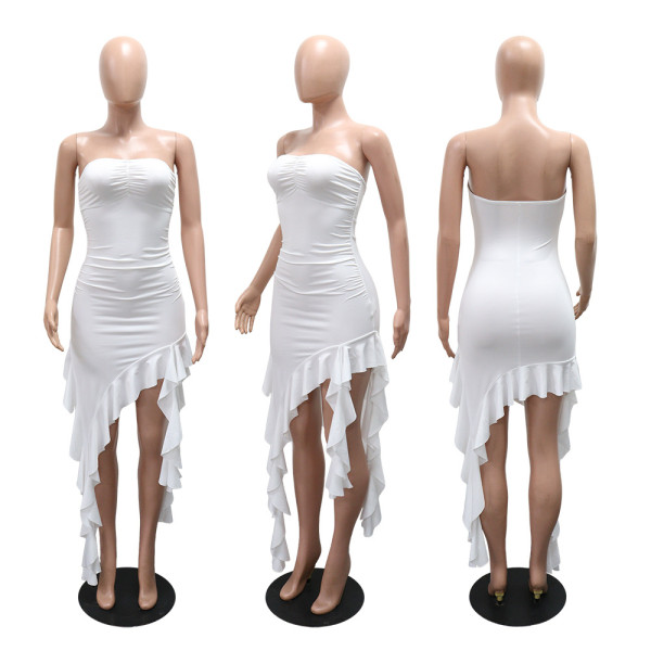 Flat chested irregular solid color ruffled dress