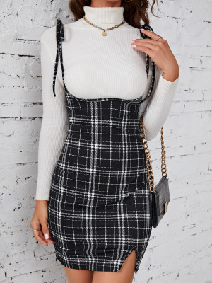 Hip hugging lace up plaid dress
