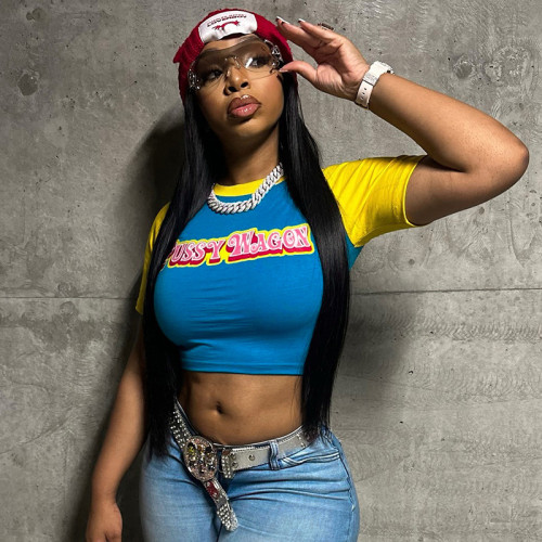 Letter print contrasting round neck pullover short crop top T-shirt with exposed navel