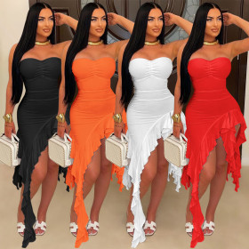 Flat chested irregular solid color ruffled dress