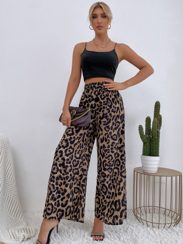 Leopard print elastic waist loose wide leg pants