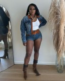 Color blocking long sleeved elastic denim shorts set