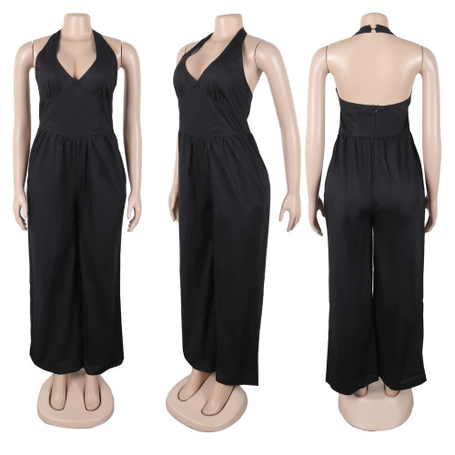 Hanging neck V-neck backless wide leg jumpsuit