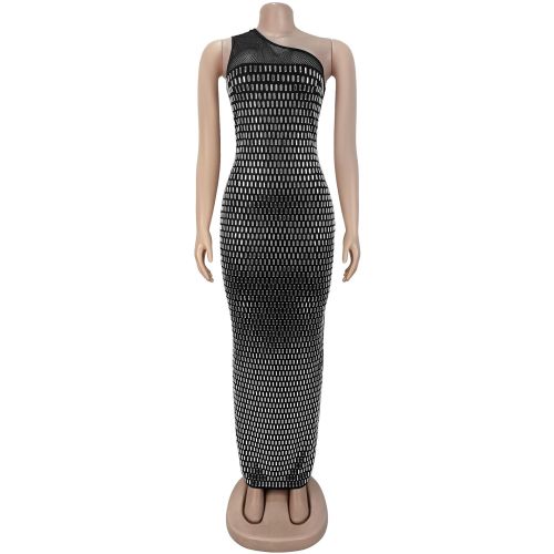 Mesh rhinestone slant shoulder sleeveless dress