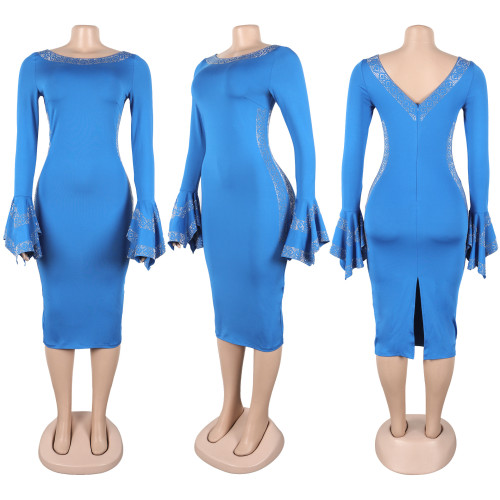 Hot stamping elastic hip wrap with exposed back slit dress