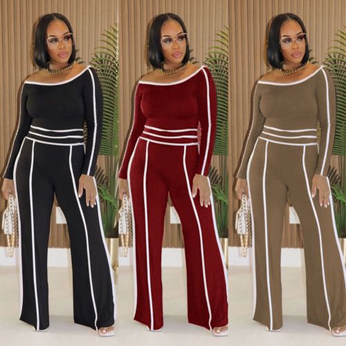 Two piece set of high waisted wide leg pants with one shoulder slanted collar elastic splicing