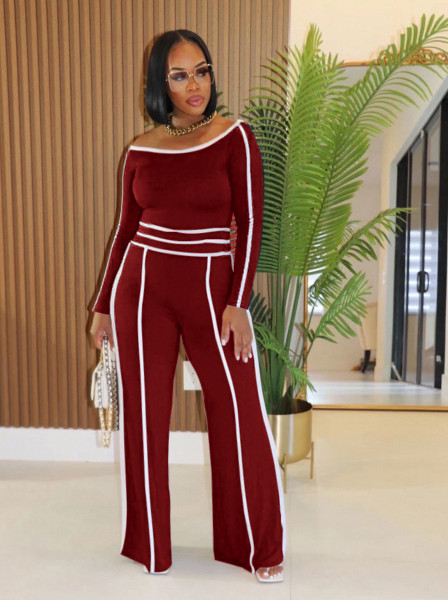 Two piece set of high waisted wide leg pants with one shoulder slanted collar elastic splicing